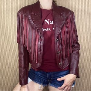 VTG 80s Pioneer Wear Wine fringe leather jacket